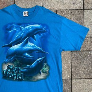 Vintage SEA WORLD DOLPHINS Blue Single Stitch T Shirt Size XL